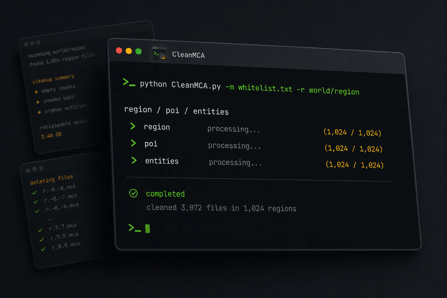 CleanMCA cover: a terminal processing a Minecraft world's region, poi, and entities files from a whitelist