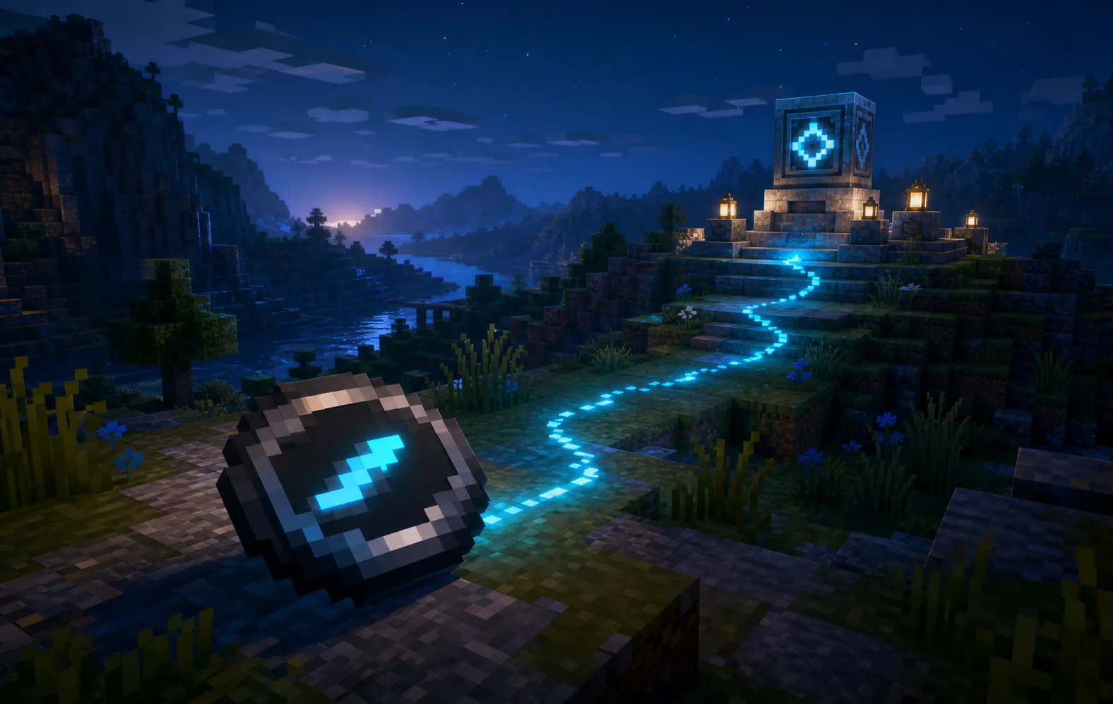 CompassTeleport cover: a luminous compass follows a blue path toward a distant lodestone shrine