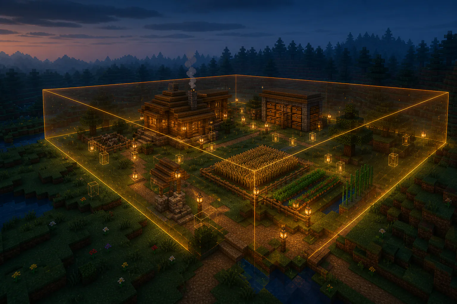 DominionProtect 保护领地中的 Minecraft 生存基地，橙色边界包围房屋、仓库与农田