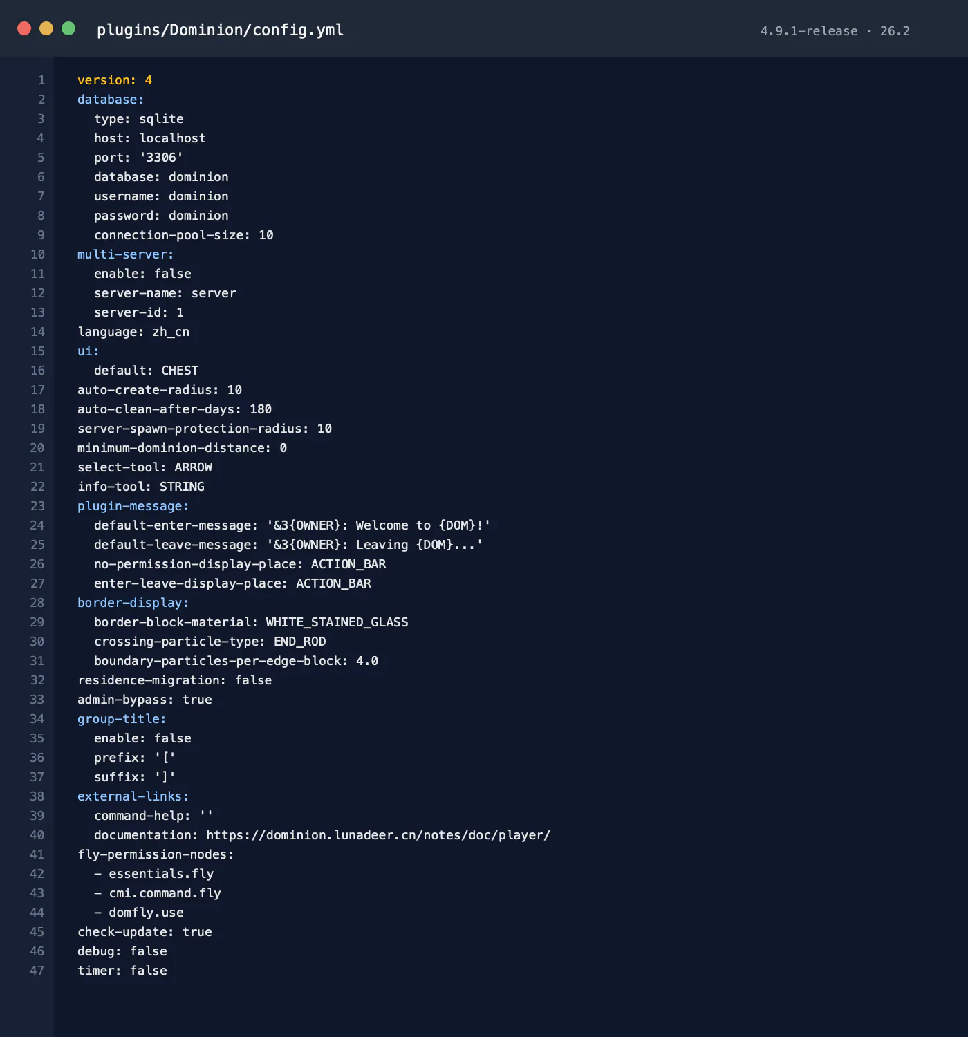 Dominion 4.9.1-release config.yml from the Minecraft 26.2 test server