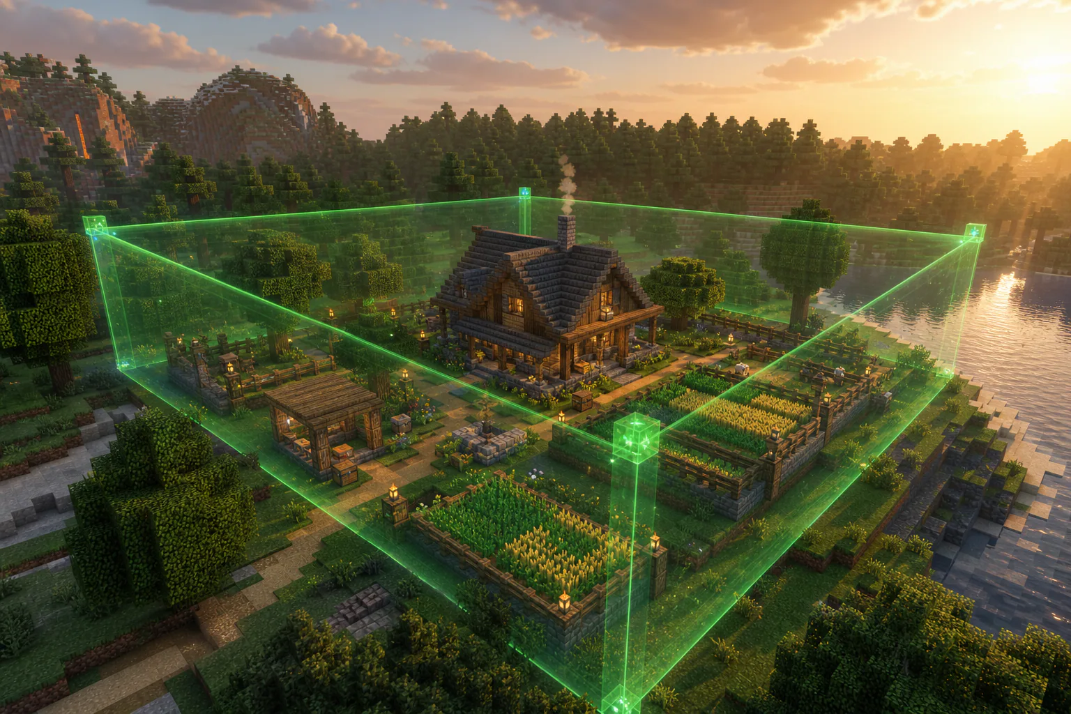 Dominion land-protection plugin cover: an in-game settlement enclosed by a green claim boundary
