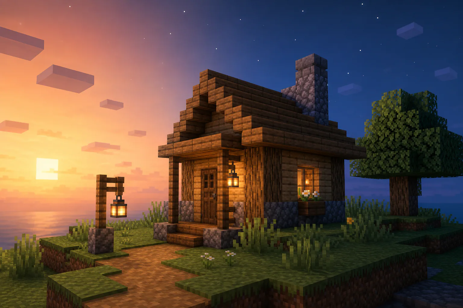 TimeManager Minecraft-style cover: a small block-built cottage transitioning from warm sunset to a quiet blue evening